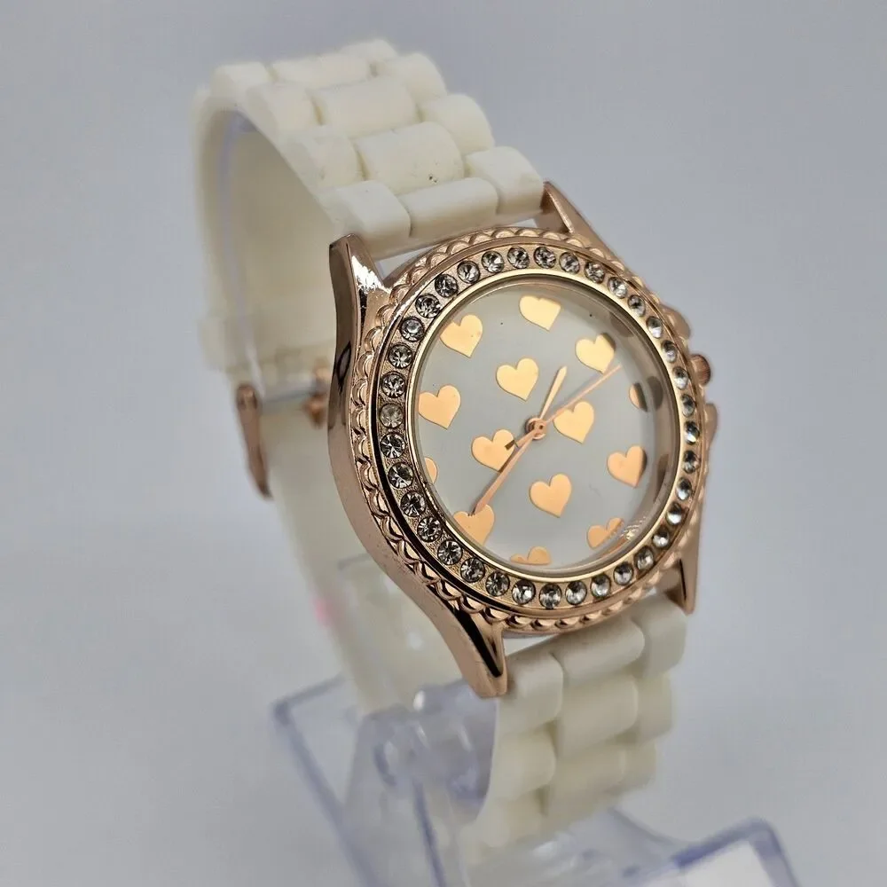 Hearts Dial‎ Women's Watch 38MM Gold Bezel White Plastic Bands New Battery
